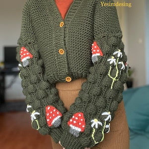 Green mushroom cardigan, Embroidered Mushroom sweater, crochet cardigan , gifts for mothers