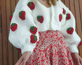 Strawberry Chunky Knit Cardigan: Handmade Women's Sweater