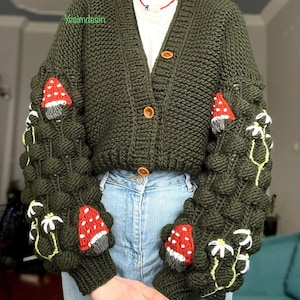 Embroidered Mushroom Dark Green Cardigan: Cottagecore Knit Sweater
