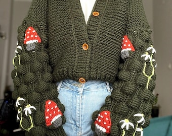 Embroidered Mushroom Dark Green Cardigan, Cottagecore Knit Sweater, cottagecore gifts