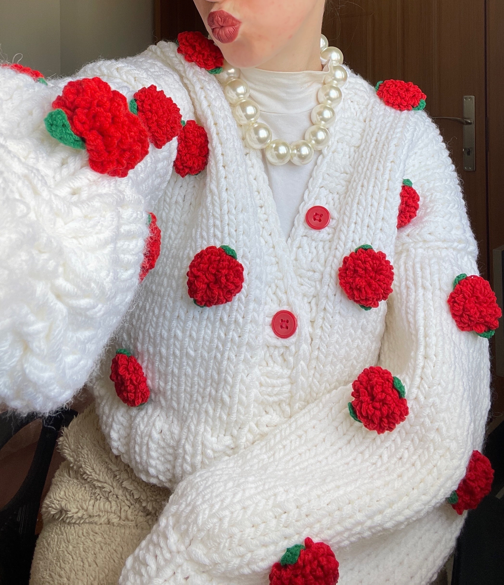 本日限定　andmary Rosie flower knit tops red ANDMARY】Rosie flower knit tops