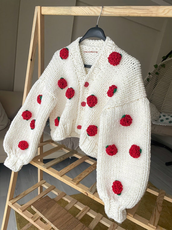 Hand-knitted Roses Cardigan: Floral Embroidery Sweater - Etsy