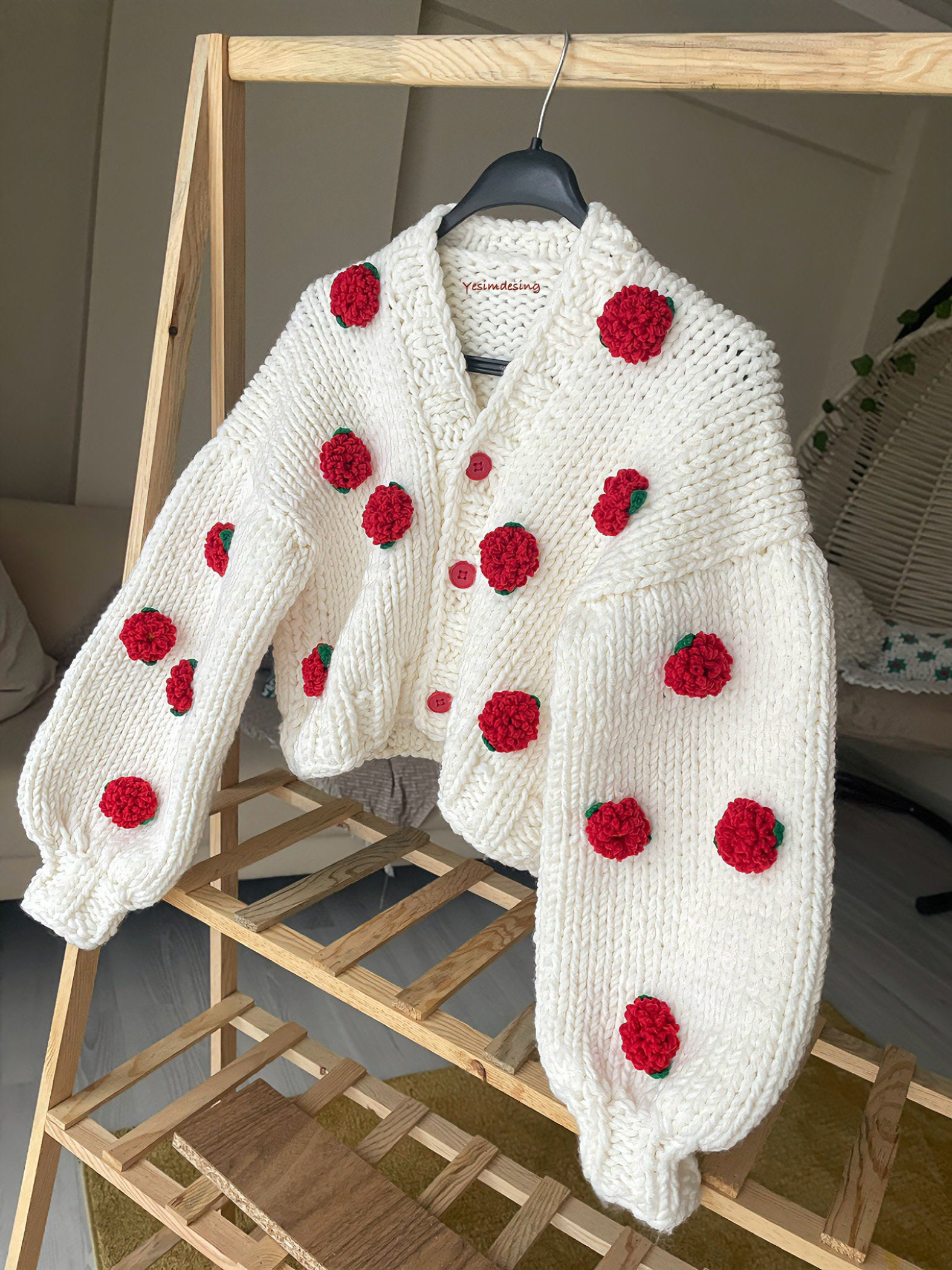 本日限定　andmary Rosie flower knit tops red ANDMARY】Rosie flower knit tops トップス