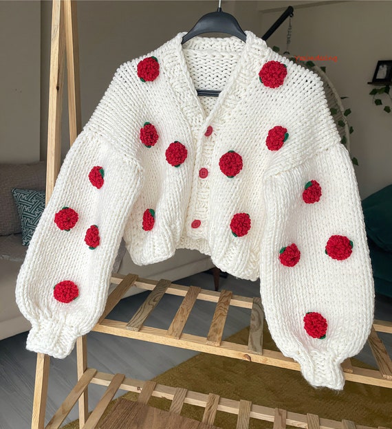 Leilayca Pink Roses Cardigan , Chunky Cropped Cardigan for
