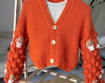 Orange Mushroom Cardigan, Cottagecore Mushroom sweatshirt for mom, mothers day gift, cottage core sweatshirt, hippie sweatshirt