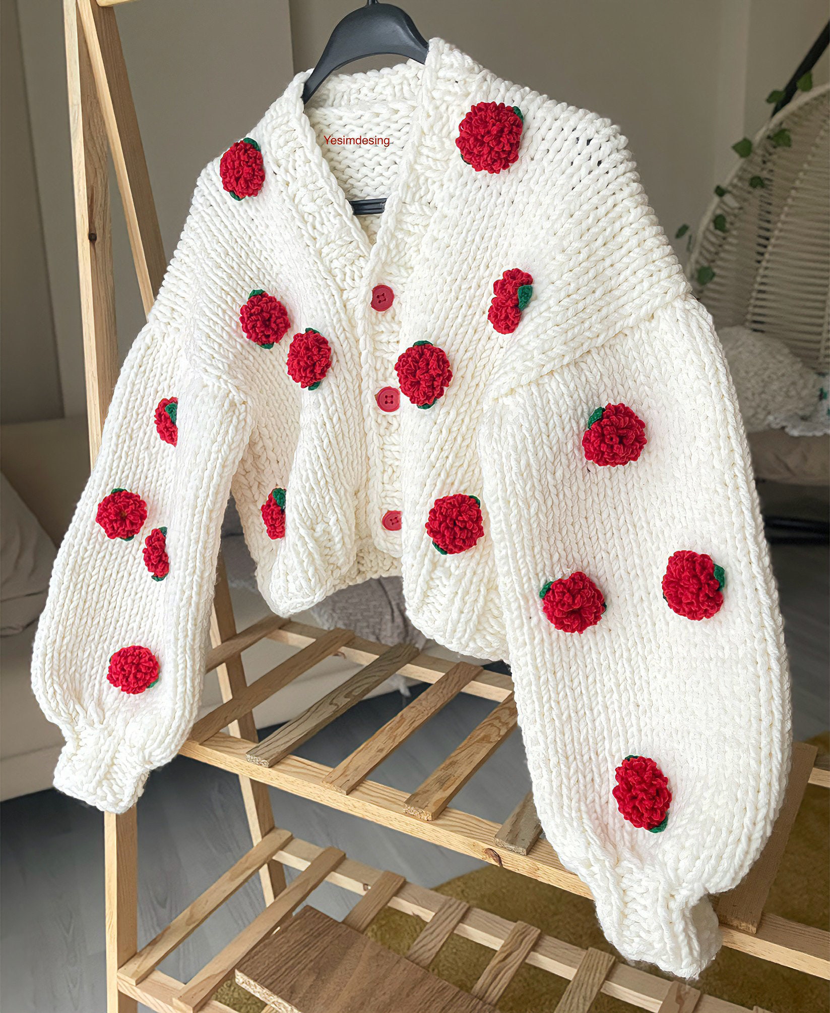 Hand-knitted Roses Cardigan: Floral Embroidery Sweater - Etsy