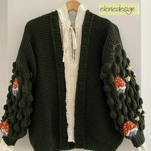 Cottagecore dark green cardigan ,forest cottage clothing, Embroidered Mushrooms , Best gifts for Her