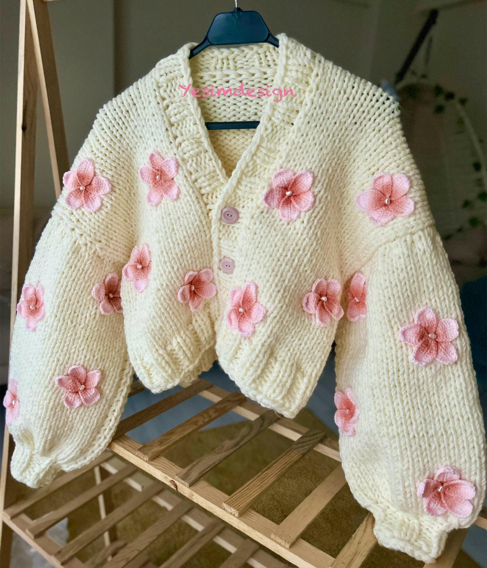 Handmade Floral Embroidered Knit Cardigan: Pink Lotus Flower