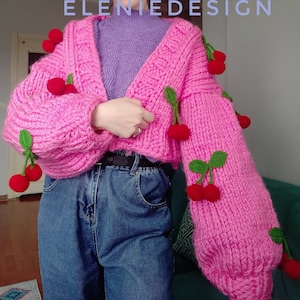 V-neck Cherry Embellished Cardigan Cropped Knitted Sweater main image 0