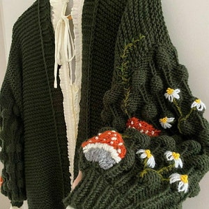Cozy Cottagecore Mushroom Cardigan , Dark academia Cardigan , Dark green Sweater , Cottagecore Gift for Her