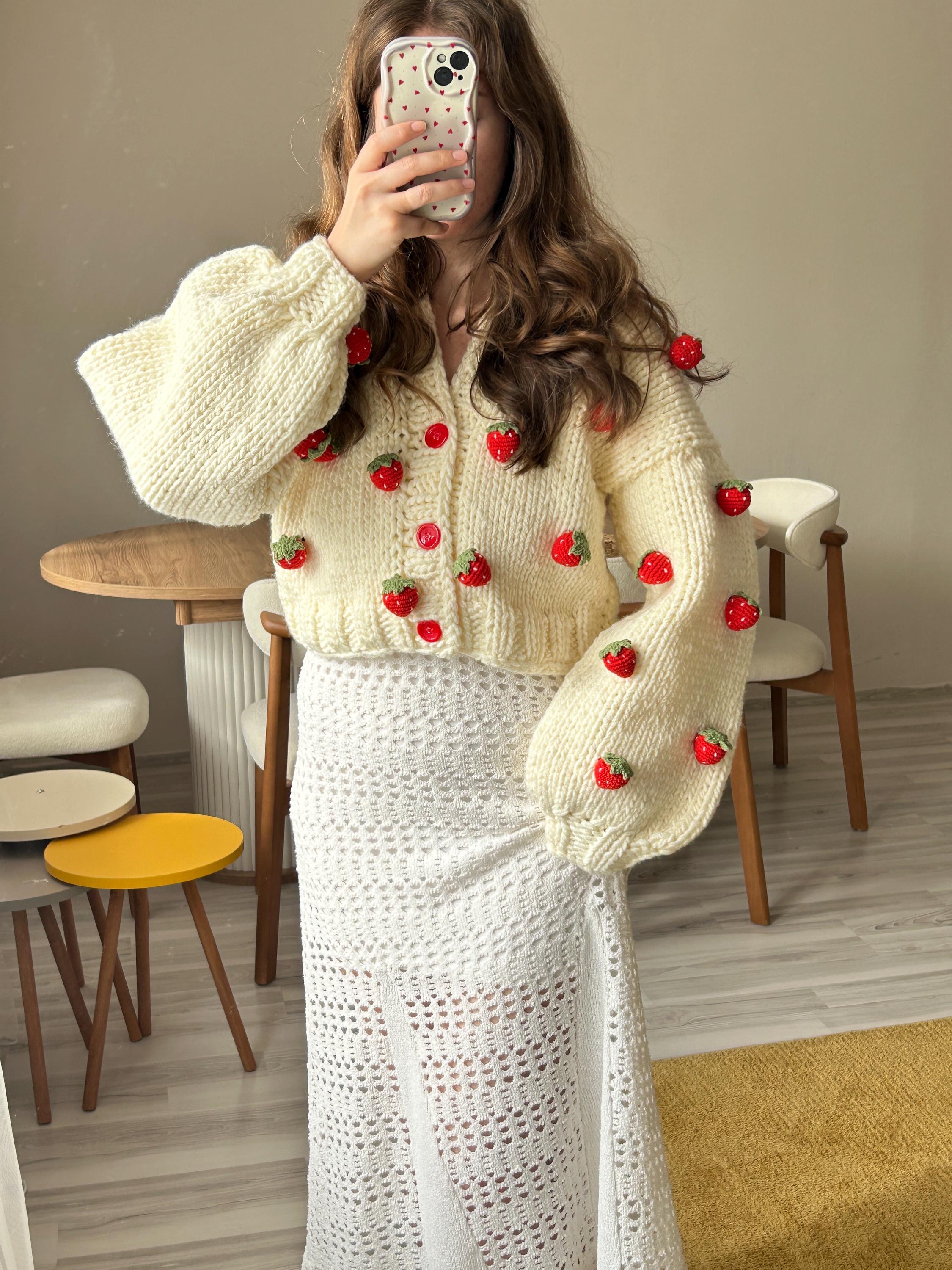 Red Strawberry Crochet Cardigan, Strawberry Embroidered Sweater