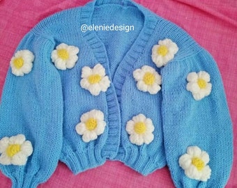 Hand-knitted daisy cardigan, Hand-knitted blue daisy cardigan, Crop daisy cardigan, Handmade blue cardigan