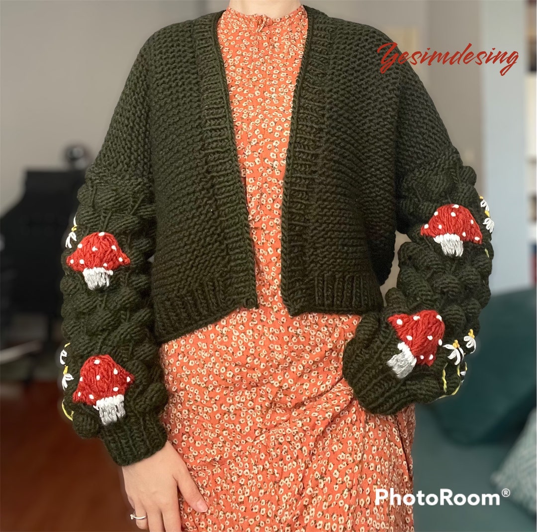 Green Mushroom Cardigan Mushroom Sweater Red Embroidered - Etsy