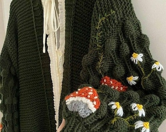Embroidered Mushroom Knit Cardigan: Cottagecore Fairycore Fashion