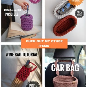 K&ouml;nnte beinhalten: Eine Collage aus vier geh&auml;kelten Artikeln: ein lila Brillenhalter, ein wei&szlig;er und ein brauner Brillenhalter, eine Weinflaschentasche und eine Autotasche. Das Bild enth&auml;lt den Text "PERSONALIZATION POSSIBLE", "25+ COLORS", "EYEGLASSES HOLDER", "SUPER EASY TUTORIAL", "CHEK OUT MY OTHER ITEMS", "WINE BAG TUTORIAL", "PDF + VIDEO" und "CAR BAG".