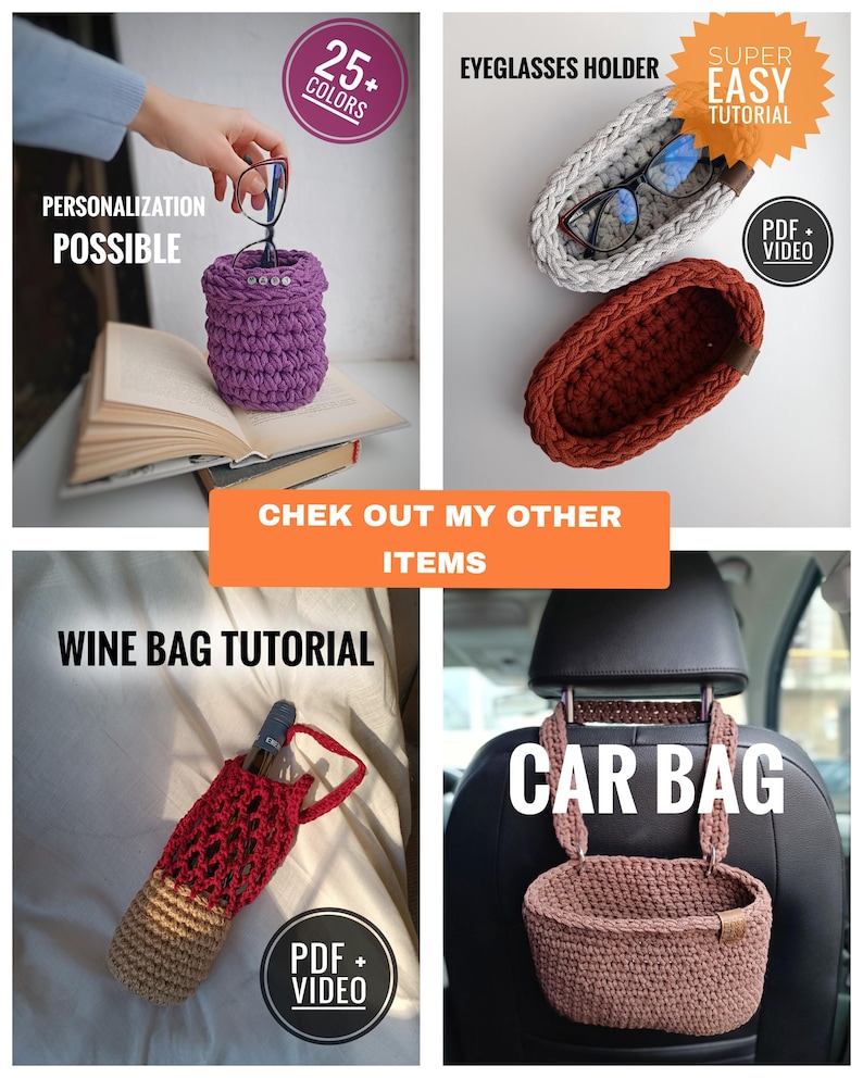 K&ouml;nnte beinhalten: Eine Collage aus vier geh&auml;kelten Artikeln: ein lila Brillenhalter, ein wei&szlig;er und ein brauner Brillenhalter, eine Weinflaschentasche und eine Autotasche. Das Bild enth&auml;lt den Text "PERSONALIZATION POSSIBLE", "25+ COLORS", "EYEGLASSES HOLDER", "SUPER EASY TUTORIAL", "CHEK OUT MY OTHER ITEMS", "WINE BAG TUTORIAL", "PDF + VIDEO" und "CAR BAG".