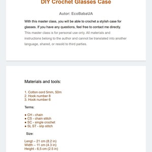 May include: A crochet glasses case made with a red cotton cord. The case is 8.2 inches long, 4.3 inches wide, and 2.5 inches high. The instructions for making the case are included in the image.