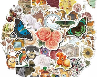 May include: A collection of vintage-style stickers featuring butterflies, roses, clocks, and other botanical and animal illustrations. The stickers have a watercolor effect and a variety of colors, including blue, green, and orange.