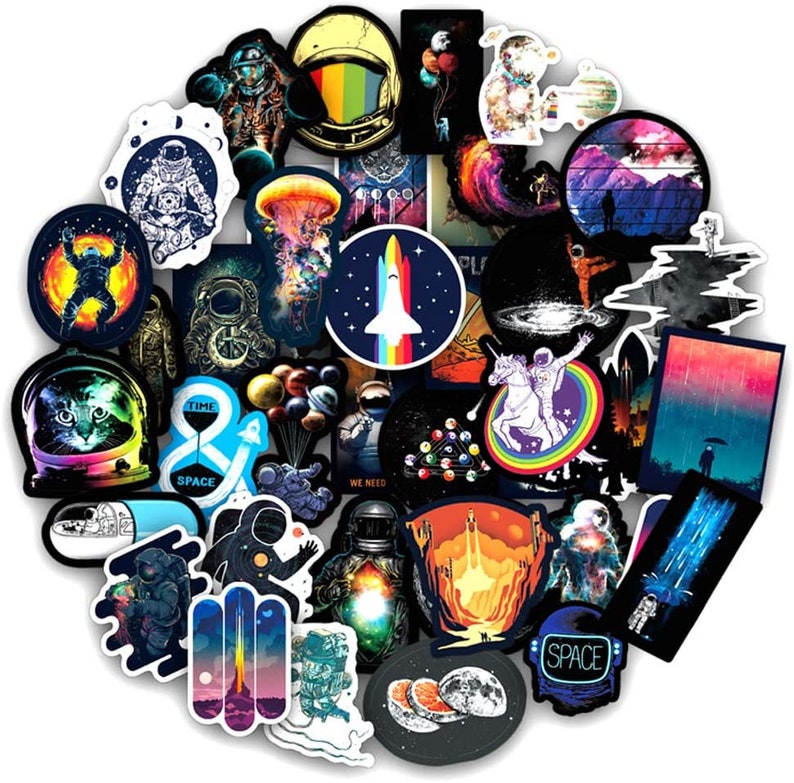May include: A selection of vibrant space-themed stickers, depicting astronauts, planets, rockets, and other cosmic elements. The stickers feature diverse designs, such as a cat in a space helmet, a jellyfish, and a unicorn on a rainbow. The colour scheme includes blues, oranges, and purples.