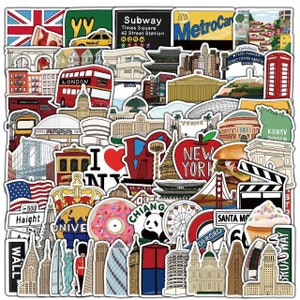 200pcs Outdoor World Travel Maps, Architecture Famous Buildings Signs Stickers Decorative Home Art Laptop Decals Travel Car Bumper Window