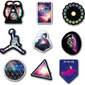 May include: A selection of nine stickers with space and astronomy designs. The stickers feature astronauts, nebulae, a cat in a space helmet, and a lunar cycle. The shapes vary, including triangles, circles, and a rectangular design. The text "for da nip" is visible on one.