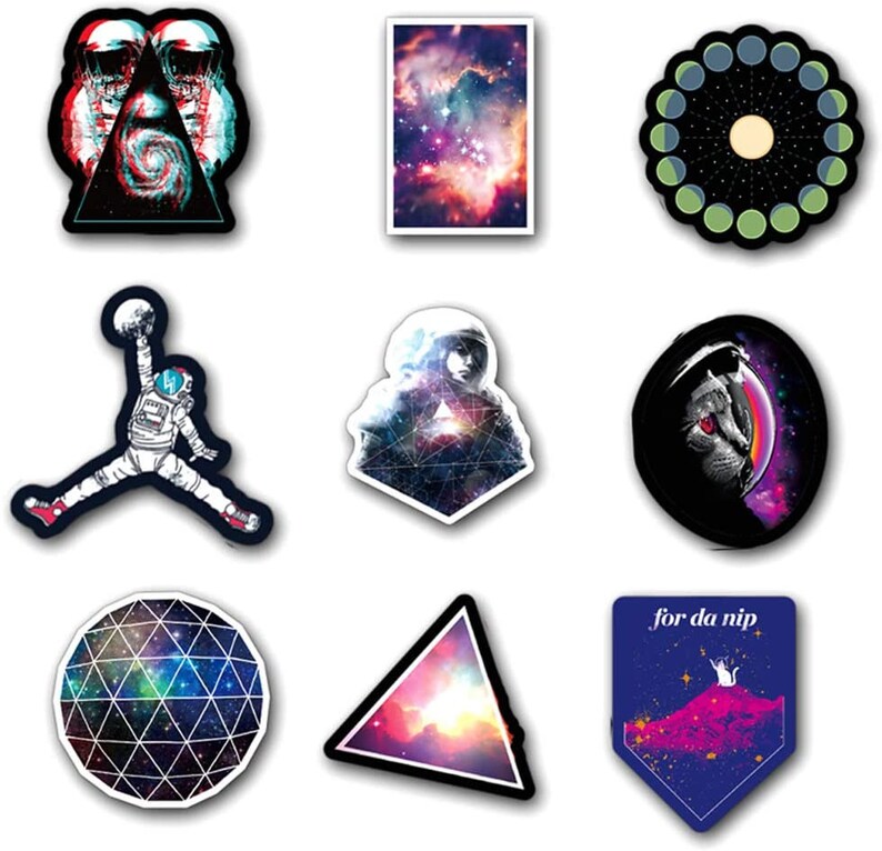 May include: A selection of nine stickers with space and astronomy designs. The stickers feature astronauts, nebulae, a cat in a space helmet, and a lunar cycle. The shapes vary, including triangles, circles, and a rectangular design. The text "for da nip" is visible on one.