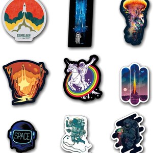 May include: A selection of vibrant space-themed stickers. Designs include a rocket launch, an astronaut riding a unicorn, a jellyfish, and an astronaut in space. The stickers have a white border and are suitable for decorating laptops, water bottles, or notebooks.