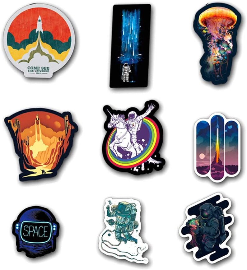 May include: A selection of vibrant space-themed stickers. Designs include a rocket launch, an astronaut riding a unicorn, a jellyfish, and an astronaut in space. The stickers have a white border and are suitable for decorating laptops, water bottles, or notebooks.