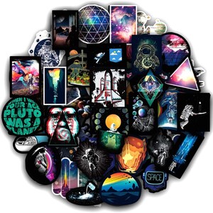 May include: A selection of space-themed stickers featuring astronauts, planets, and rockets. The stickers are in various shapes and sizes, with vibrant colours and designs. Some stickers include text such as "When I was your age Pluto was a planet" and "SPACE".