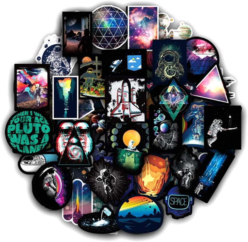 May include: A selection of space-themed stickers featuring astronauts, planets, and rockets. The stickers are in various shapes and sizes, with vibrant colours and designs. Some stickers include text such as "When I was your age Pluto was a planet" and "SPACE".