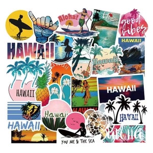 May include: A collection of colorful Hawaii-themed stickers. Designs include palm trees, surfers, sunsets, and the word "Hawaii" in various fonts. Some stickers feature the phrases "Aloha" and "Good Vibes".