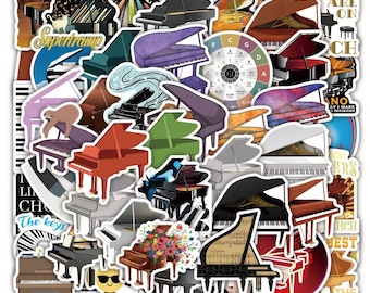 May include: A collection of colorful piano stickers in various styles and colors, including grand pianos, upright pianos, and a piano keyboard. Some stickers have text like "SuperTramp", "Piano Girl", and "The Best Players Are On The Bench".