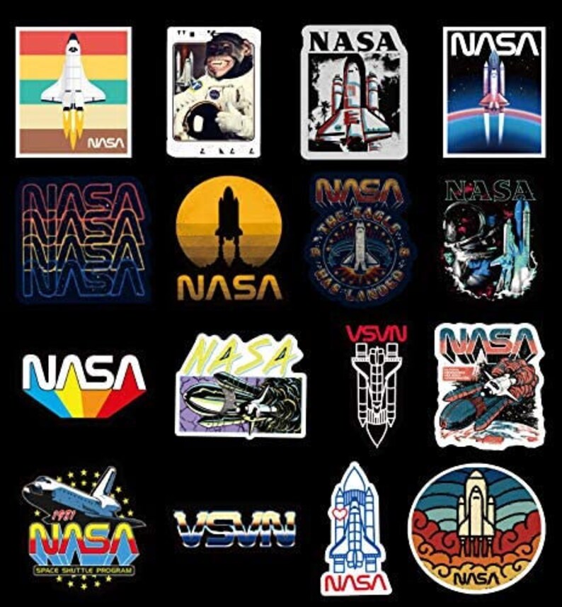 May include: A selection of NASA-themed stickers with diverse designs. The stickers display rockets, space shuttles, and the NASA logo in various styles and colours, including retro and modern designs. Some stickers include text like "SPACE SHUTDLE PROGRAM" and "VSVN".