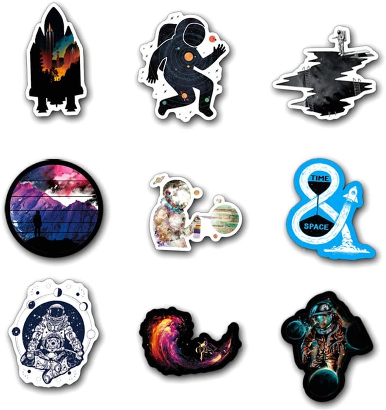 May include: A set of nine space-themed stickers. Designs include an astronaut, a rocket, a galaxy, and the words "TIME & SPACE". The stickers feature a variety of colours, including black, blue, orange, and purple.
