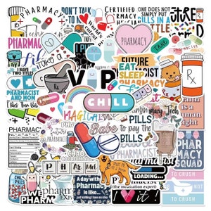 May include: A selection of vibrant pharmacy-themed stickers with diverse designs. The stickers showcase pills, pharmacy symbols, and text such as "Pharmacy," "Chill Pills," and "Pharmacist." The stickers are in various shapes and sizes, set against a white backdrop.