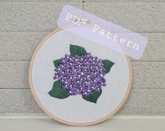 Purple Hydrangea flower pattern for embroidery, DIY embroidery PDF pattern