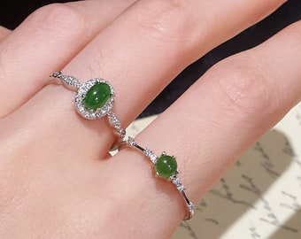 Dainty Green Hetian Jade Ring With CZ Diamond Jade Sterling Silver