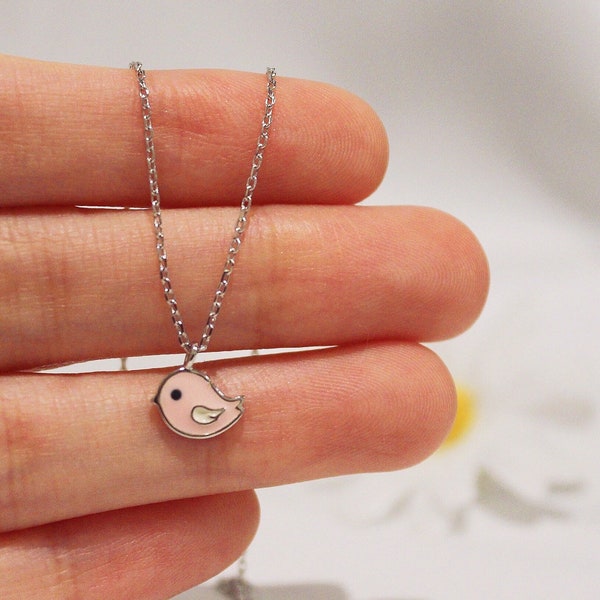 Tiny Pink Bird Sterling Silver Necklace| Nature Inspired Jewelry Woman| Delicate Cute Small Round Robin Bird Necklace| Dainty Bird Pendant