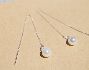 Minimalist Pearl Drop Threader Earring| Simple Tiny Pearl Long Earrings| Dainty Pearl 925 Sterling Silver Earrings| June Birthstone Gift