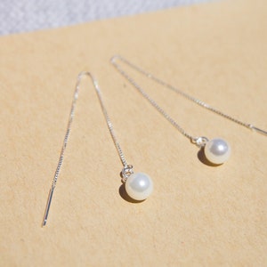 Minimalist Pearl Drop Threader Earring| Simple Tiny Pearl Long Earrings| Dainty Pearl 925 Sterling Silver Earrings| June Birthstone Gift