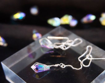 Clear Crystal Teardrop Threader Earrings| Simple Rainbow Crystal Earrings| Aurora Borealis Crystal Dainty Drop Silver Threader Earrings