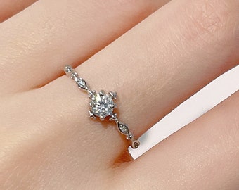 Dainty CZ Diamond Engagement Silver Ring| Solid 925 Sterling Silver Adjustable Ring| 4mm CZ Diamond Ring| Rings for Women| Tiny Ring|