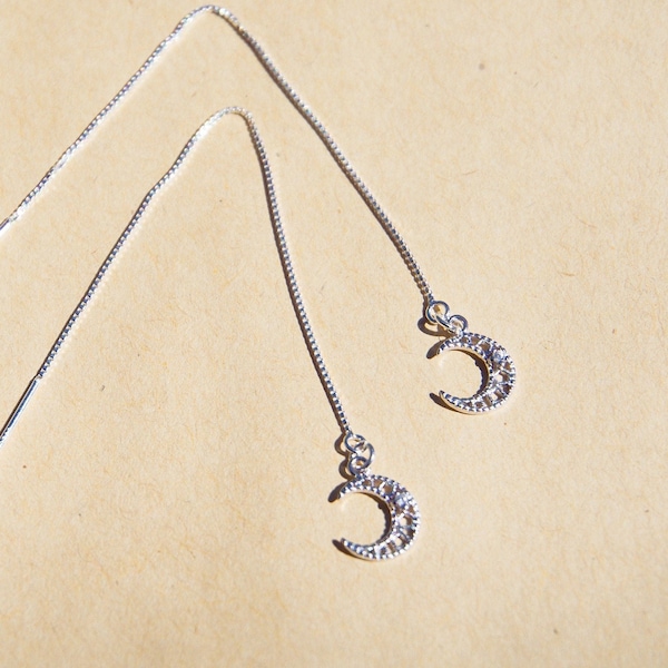 Dainty Moon Silver Threader Earrings| 925 Sterling Silver Long Chain Earrings| Tiny Moon Minimalist Drop Earring| Sparkle Celestial Earrings