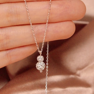 Double Disco Ball Silver Necklace| Shamballa Single Bead Necklace| Pave Ball Sterling Silver Adjustable Necklace| Minimalist Bead Necklace