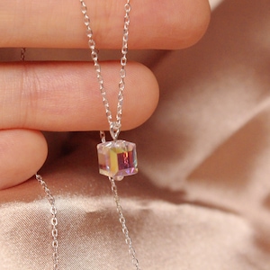 Swarovski Crystal Adjustable Necklace| Iridescent Aurora Borealis Cube Necklace| Minimalist Dainty Necklace 925 Sterling Silver Earring