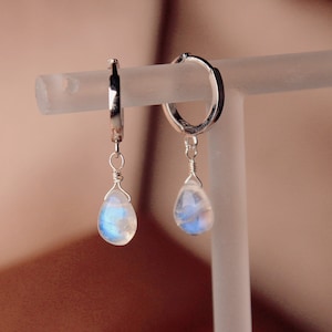Dainty Teardrop Moonstone Hoops| Minimalist Rainbow Moonstone Earrings| Handmade Silver Gold Hoop Earring| Mini Hoops| Tiny Hoop Earrings|