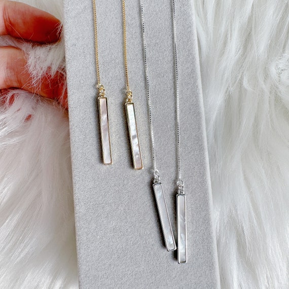 Mother of Pearl Tiny Bar Earring| Simple Long Stick Sterling Silver Gold Plated Threader Earrings| Square Bar Long Earring| Gift for Her