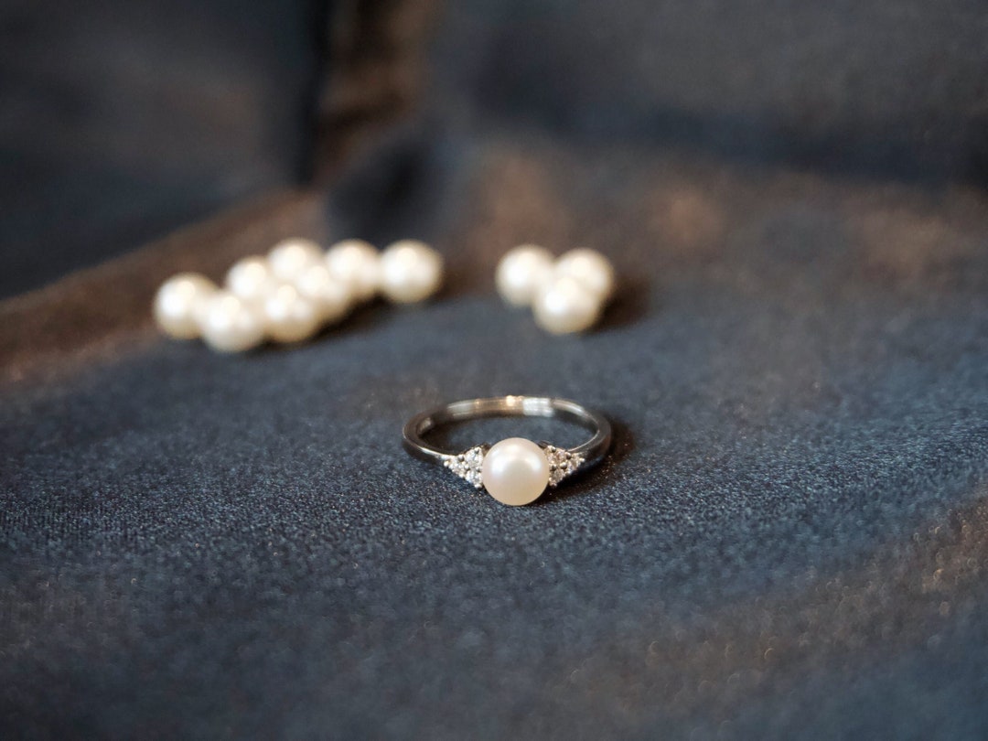 Sterling Silver Adjustable Pearl Ring| Muti Diamond Dainty Pearl Silver ...