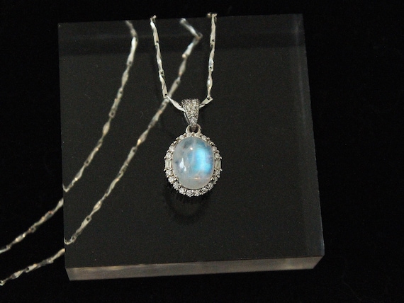 Collana Delicata Con Ciondolo In Pietra Di Luna Arcobaleno - Argento 925 Placcato Rodio, Catena 50 Cm, Grado AA, Regalo