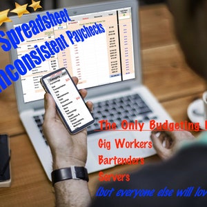 Puede incluir: Una persona usando una computadora portátil y un teléfono inteligente para administrar sus finanzas. La pantalla de la computadora portátil muestra una hoja de cálculo titulada "Mejor hoja de cálculo para cheques de pago inconsistentes". La pantalla del teléfono inteligente muestra una lista de categorías de presupuesto. El texto en la pantalla dice "La única presupuestación creada para: Trabajadores independientes, Bartenders, Servidores, ¡pero a todos les encantará también!"